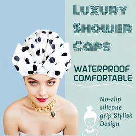 FEEZENT Shower Cap Luxury Reusable Shower Caps for Women Long Hair Upgraded version Waterproof Hair Cap Adjustable Bowknot Hair Bath Cap (WHITE)