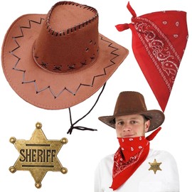 Qylazune Western Cowboy Costume Accessories Set - 3-Piece Premium Faux Suede Hat + Paisley Bandana + Sheriff Badge Kit for Men & Women