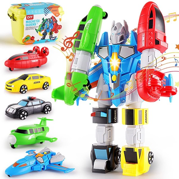 QUERCITRON 5-in-1 Magnetic Vehicles Playset Toy, Transform to Robot, Mix