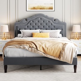 SHA CERLIN Queen Bed Frame with Adjustable Headboard/Velvet Upholstered/Diamond Button Tufted and Metal Studs/No Box Spring Needed/Wooden Slat Support/Easy Assembly/Light Grey