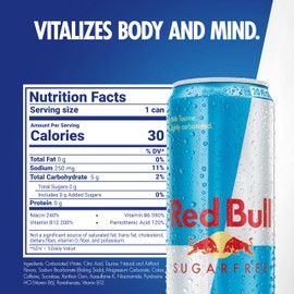 Red Bull Sugar Free Energy Drink with 189mg Caffeine plus Taurine & B Vitamins, 20 Fl Oz, Pack of 12 Cans