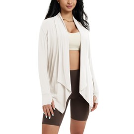 ODODOS Women's Drape Open Front Cardigans Cozy Soft Long Sleeve Casual Wrap Outerwear with Pockets Thumb Hole, White, X-Large