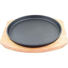 (PACK OF 2) Round Cast Iron Set W/Rubber Wood Underliner For Making Pizza, Sizzling meat (8.5")