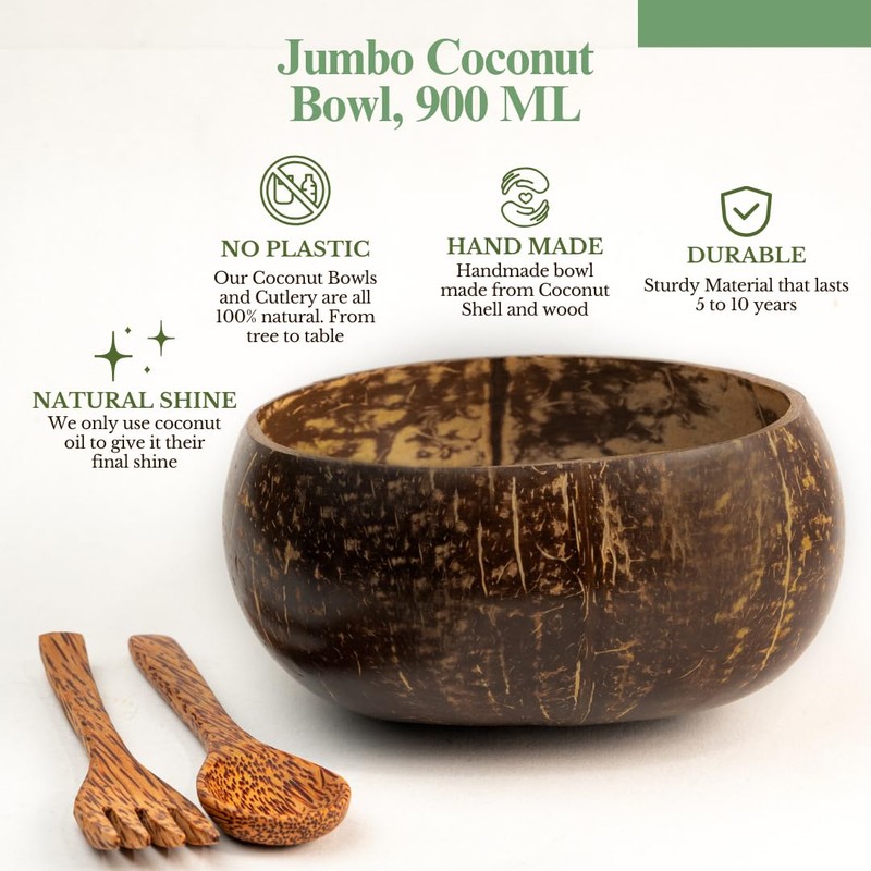 Thenga Artisan Jumbo Coconut Bowl, 900 ML, 1 Bowl, Spoon