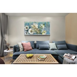 Ardemy Flowers Teal Wall Art Canvas Magnolia White Floral Picture Textured Painting Modern Turquoise Artwork for Living Room Bathroom Bedroom Home Office Wall Decor, Large Wood Grain Framed 58"x29"