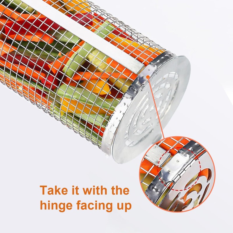 2PCS Rolling Grill Basket, Removable Wooden Handle, 304 Stainless Steel