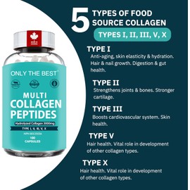 Premium Multi Collagen Peptides Capsules 3000mg - Types I, II, III, V, X To Support Skin, Hair, Nails & Bones - Helps Maintain Strong Joints, Ligaments, Muscles, & Digestive Health* - Hydrolyzed Collagen Supplement 180 Capsules