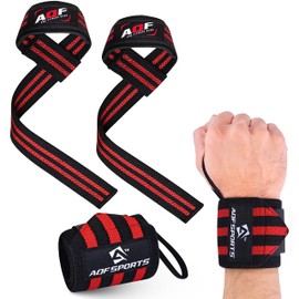 AQF Wrist Support Kit – 18” Wrist Wraps and Padded Lifting Straps for Deadlifts, Weight lifting, Powerlifting, CrossFit, Fitness Workout, and Strength Training Men & Women(1 Pair Each)(Black & Red)