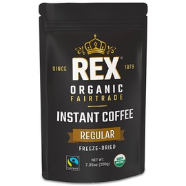 Rex Organic Fairtrade Freeze-Dried Instant Coffee – Medium Roast Arabica, 7.05 oz Resealable Pouch Bag – USDA Organic & Fairtrade Certified