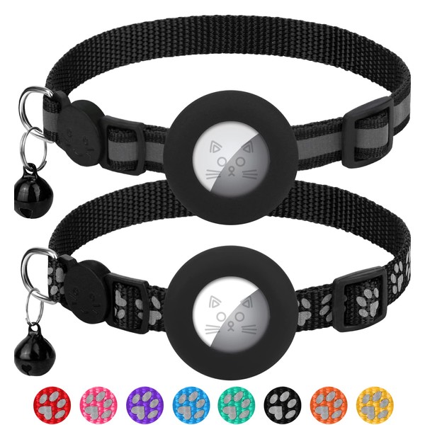 Erbine 2 Pack Airtag Cat Collars, Reflective Cat Collar with Silicone Airtag Holder and Bell, Breakaway Cat Collars with Round Safety Buckle for Boy and Girl Cats, Adjustable for 7.5-12.5", Black