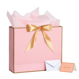13" Large Gift Bag, 1PCS Gift Bags Large with Ribbon and 1 Greeting Cards 3 Tissue Paper, Gift Bags with Handles for Women or Girls for Celebrating Birthdays, Valentine's Day, Wedding Party, Anniversaries, Mother's Day (Pink gold border)
