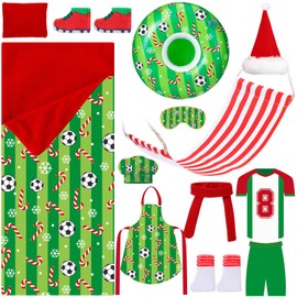 Kacctyen 15 Pcs Soccer Themed Christmas Elf Doll Accessories Include Christmas Doll Sleeping Bag Apron Chef Hat Scarf Pillow Eye Mask Shoes Mask Hammock for Elf Doll Props