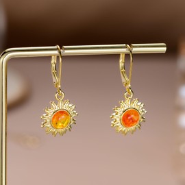Sun Earrings 925 Sterling Silver Gold Sun Earrings Inlaid Amber Beads Heavenly Earrings for Women Girls, Sterling Silver