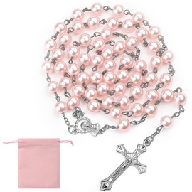 KGGZKG Rosary Necklace Catholic Bible Prayer Chain Christian Pink Rosary Necklace Rosary Evangelical with Retro Cross for Christening Communion Wedding Communion Party, Standard, Pearl, Not Applicable