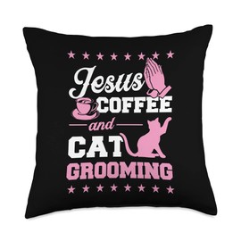 Cute Pet Cat Groomer Merch and Accessories Jesus Coffee Grooming Funny Christian Cat Groomer Throw Pillow, 18x18, Multicolor