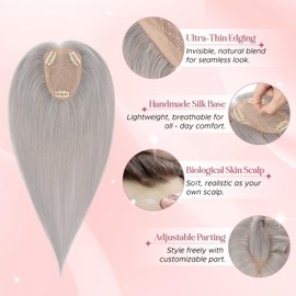 SEGOHAIR Real Human Hair Toppers for Women 3.54"*4.72" Silky Base 150% Density No Bangs Adjustable Parting Clip-In Topper Hairpieces for Women with Thinning Hair 12 Inches Silver Grey