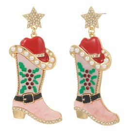 Madison Tyler Christmas Cowgirl Dangle Earrings for Women | Statement Star Post with Pink Cowboy Boot | Western Cowgirl Jewelry | Xmas Holiday Earrings Gifts