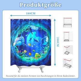 wiipara Shower Curtain, 180 x 200 cm, Waterproof Shower Curtains, Blue Dolphin Shower Curtains, Polyester Bath Curtain, Washable Bathroom Curtain, Shower Curtain, Anti-Mould with 12 Shower Curtain