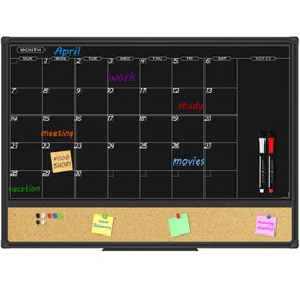 JILoffice Magnetic Black Calendar Dry Erase Board & Bulletin Board Combo, 24 x 18 Inch Dry Erase Board for Liquid Chalk Markers, Black Aluminum Frame for Office Home and School with 10 Push Pins