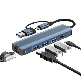 Loydia USB C LAN Adapter, 5 in 2 USBC Hub Ethernet, USB 3.0 to Gigabit RJ45 1000Mbps Ethernet LAN Network Adapter with 3USB 3.0 & 1USB Type-C Ports, Compatible for Laptop, PC with Windows/Mac OS/Linux
