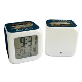 Fabulous Wecker Würfel beleuchtet blau – Algier Collage Reise Tourismus Postkarte – 7,8 x 7,8 x 7,8 cm – Retro Beleuchtung mehrfarbig LED