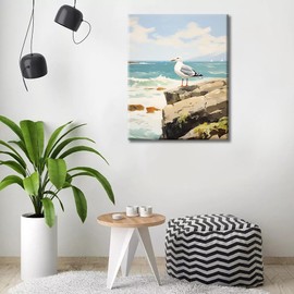 TISHIRON Paint by Numbers for Adults, Seagull DIY Painting by Numbers, Seagull Standing on the Rock by the Sea, Painting by Numbers Kits Artwork without Frame, Painting by Numbers for Home Decor, 16 x
