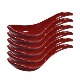 Xmomx 6 pcs Dark Red Soup Spoon Round-Bottom Asia Porcelain Ceramic Rice Spoons Chinese Won Ton Spoons for Home Kitchen Restaurant