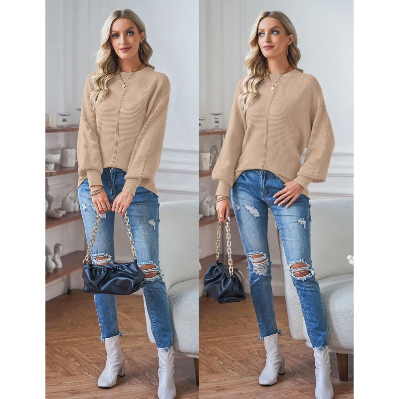 TECREW Womens Long Sleeve Crew Neck Ribbed Knit Solid Color