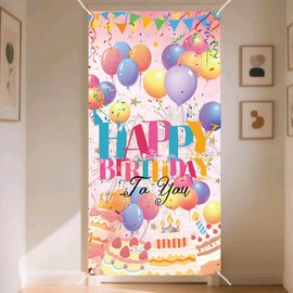 Large Happy Birthday Backdrop Banner Sign for Girls, Vertical Colorful Happy Birthday Banner Door Cover Porch Sign for Kids, Party Supply Indoor Outdoor Yard（71 * 35 in）