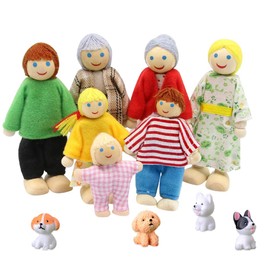 mizikuu Puppenhaus Puppen Familie Set, 7 Stück Puppenhaus Figuren mit 4 Stück Hund Hölzerne Puppenfamilie Biegepuppen Wunderschönes Holzpuppe Spielzeug Puppenhaus Zubehör Kinder Geschenk