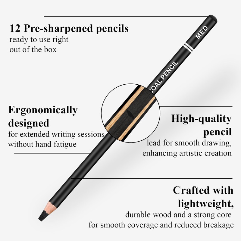 Aenir Charcoal Pencils for drawing, Set of 12, Charcoal Drawing