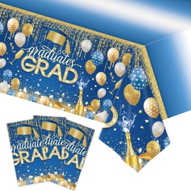 3pcs Graduation Tablecloth Disposable, 54in x 108in Graduation Decorations for Rectangle Tables, Grad Plastic Table Cover for Party Supplies （Blue Gold）