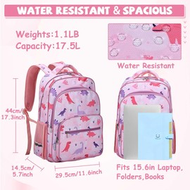 VASCHY School Bag for Girls, 16inch Multi-Compartment Kids Backpack for Girls Lightweight Water Resistant Children's Rucksack with Reflective Chest Strap for Middle Primary School(Pink Dinosaur)