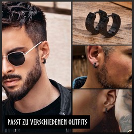 FLHEART Nordic Viking Hoop Earrings Men's Amulet Protection Jewellery Gifts Stainless Steel Men's Stud Earrings with Nordic Elder Futhark Runes, Black/Silver, 1 Pair, Metal, No Gemstone