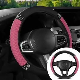 HHZL Pink Bling Leather Car Steering Wheel Cover with Diamond, Soft Elastic Steering Wheel Protector Sleeve with Sparkly Crystal Rhinestones for Women Girls, Universal Glitter Car Accessory（Pink）