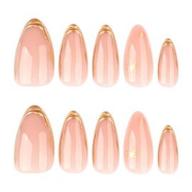Medium Press on Nails Almond Gold French Tip Fake Nails with 3D Gold Star Designs Full Cover False Nails for Women Manicure 24 Pcs (Gold-34, Nails-34)