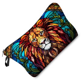 Livel lhood Stained Glass Lion Makeup Bag Colorful Lion Cute Small Organizer Bag Zipper Pouch Stained Glass Design Lion Cosmetic Bag Present for Lion Lovers Women Friends