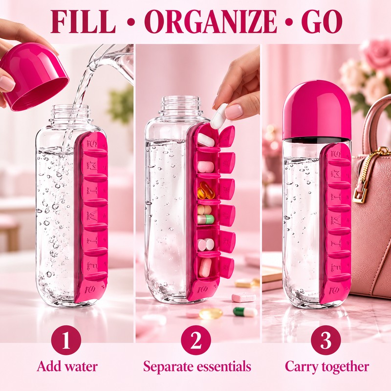2 in 1 Water Bottle with 7 Day Pill Organizer