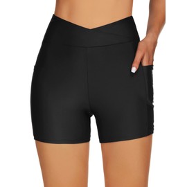 Tournesol Women's Swim Shorts Tummy Control Swimsuit Bottoms High Waisted Bathing Suit Swimwear Boy Shorts with Pocket Black