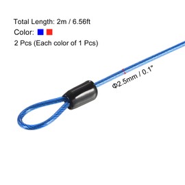 PATIKIL Security Steel Cable 2.5mm x 2m Coated Luggage Lock Wire Rope with Double Loop, Blue Red 2pcs
