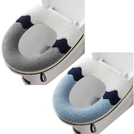 2 Pieces Thicker Bathroom Soft Toilet Seat Cover Pad with Handle Toilet Lid Cover Cushion Soft Thicker Washable Fits All Oval Toilet Seats (Grey+blue)