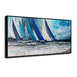 Arjun Blue Abstract Wall Art Canvas Teal Ocean Sailboat Picture Modern Turquoise Coastal Painting Artwork for Living Room Bedroom Bathroom Home Office Wall Decor, Black Wood Framed Large 40"x20"