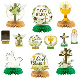 ANGOLIO 12Pcs God Bless Baptism Easter Centerpieces for Tables, Peace Pigeon Floral Baptism Table Decorations Christian Honeycom Centerpieces Baby Shower Gender Reveal Theme Party Decor Supplies