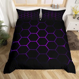 Geometric Duvet Cover 3D Hexagon Pattern Bedding Set for Kids Boys Girls Colorful Check Artwork Comforter Cover Purple Black Bedding & Linen 2Pcs Single