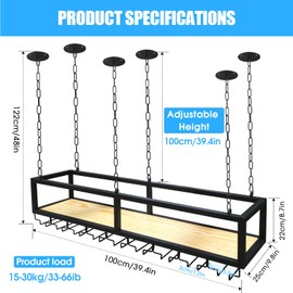 Ceiling Wine Glass Rack - Hanging Wine Rack with Glass Holder and Shelf, Height Adjustable Industrial Hanging Wine Bottle Holder, Black Metal Ceiling Shelf for Bar Cafe Kitchen (39.3×9.8×8.6in)
