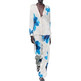 Yiulangde Silk Pajama Sets for Women 2 Piece Floral Satin Pjs Lounge Set Button Down Shirts Wide Leg Pants Pants Sleepwear