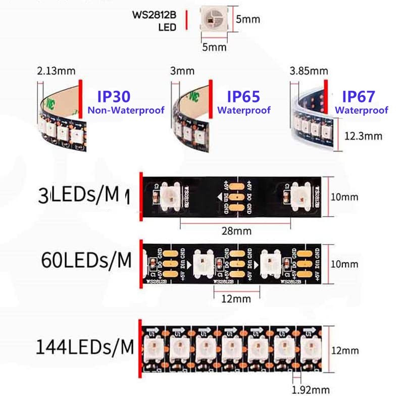 Boarda WS2812B RGB 5050SMD Individual Addressable LED Strip, 3.3FT 144
