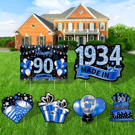 6Pcs Navy Blue 90th Birthday Yard Sign Decorations for Men Happy 90th Birthday Lawn Sign Made in 1934 with Stakes for 90 Years Old Birthday Outdoor Anniversary Decor Party Supplies