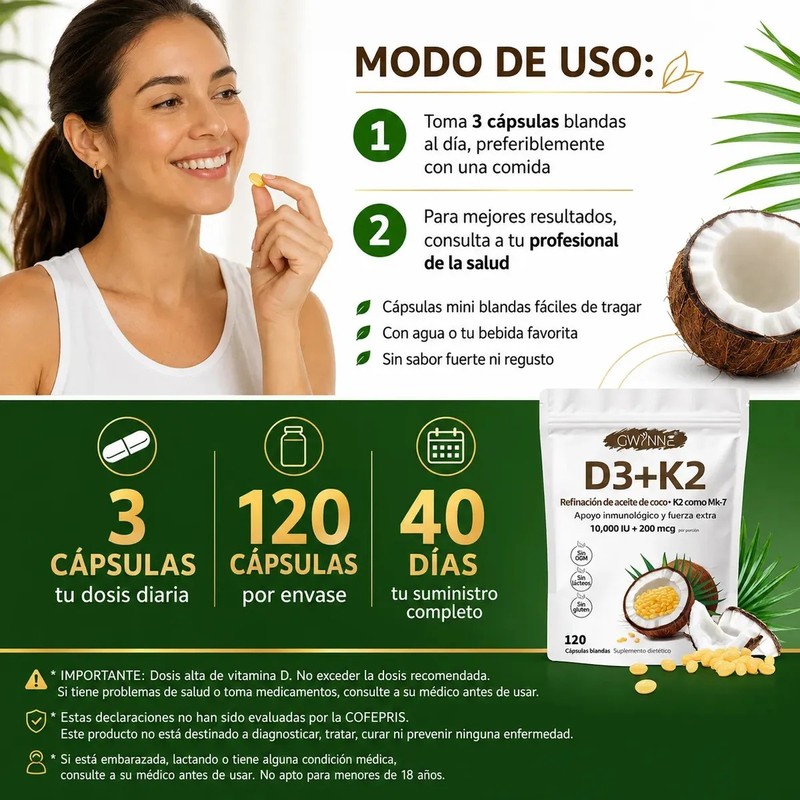 Gwynne Vitamina D3 10.000ui K2 Mk-7 200mcg,120 cápsulas,2 En 1