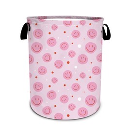 Pink Smiley Face Laundry Basket, Boho Laundry Hamper Foldable Waterproof Oxford Cloth Funny Tote Bag Dirty Clothes Storage Bucket Toy Organizer for Bathroom/Laundry/Bedroom 15.7"x19.6"